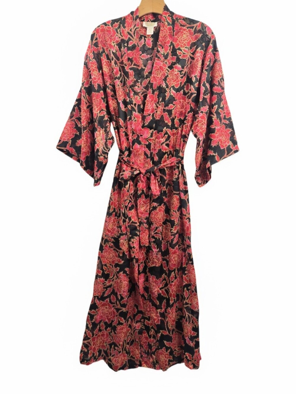 Victoria Secret Floral Kimono Robe Black Fuchsia Rose Vintage '80S Gold Label